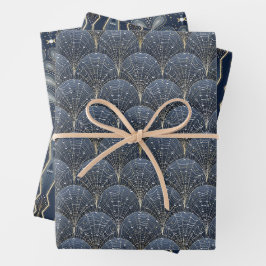 Elegante Witch Blue en Gold Art Deco Patroon Inpakpapier Vel