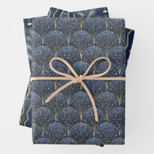 Elegante Witch Blue en Gold Art Deco Patroon Inpakpapier Vel