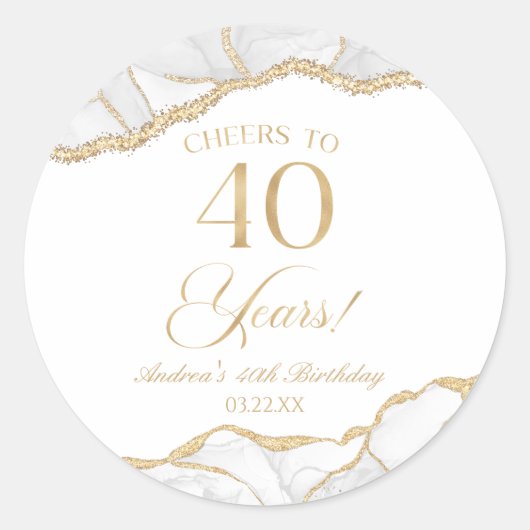 Elegante witgouden agaat 40e verjaardagsfeest ronde sticker (Voorkant)