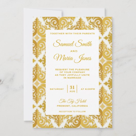 Elegante witgouden damast bruiloft uitnodiging (Voorkant)