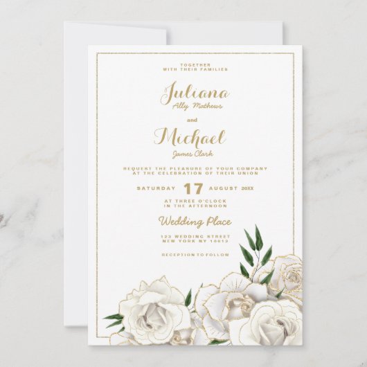 Elegante witgouden glitter rozen bloemenbruiloft kaart (Voorkant)