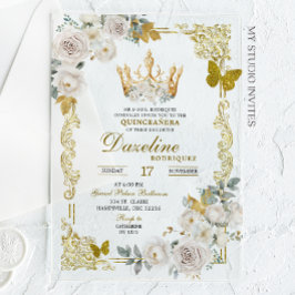 Elegante witgouden ivoren kroon Quinceanera Acryl Uitnodigingen