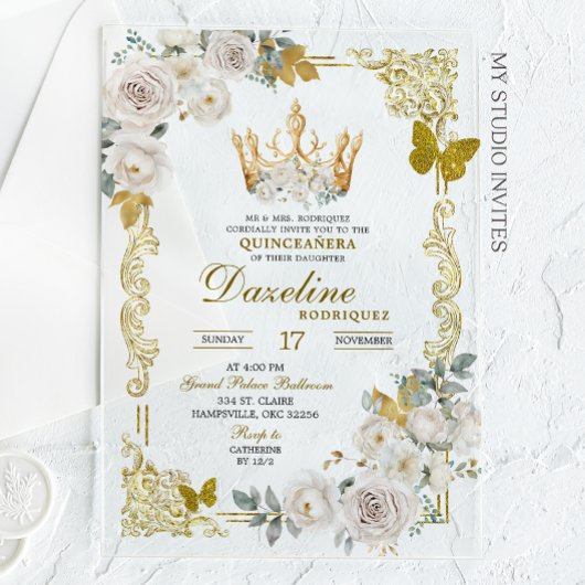 Elegante witgouden ivoren kroon Quinceanera Acryl Uitnodigingen