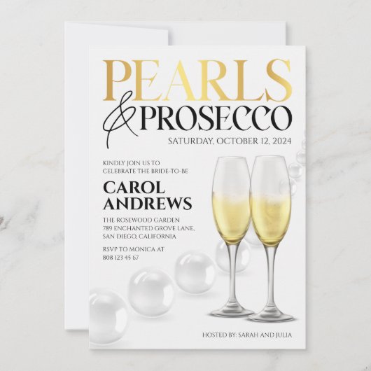 Elegante witgouden parels & Prosecco Vrijgezellenf Kaart (Voorkant)