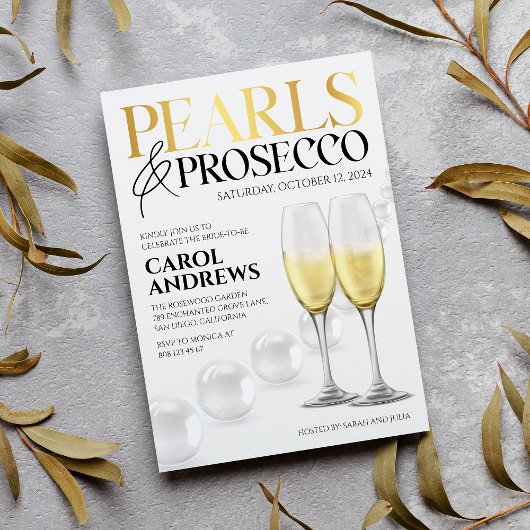 Elegante witgouden parels & Prosecco Vrijgezellenf Kaart