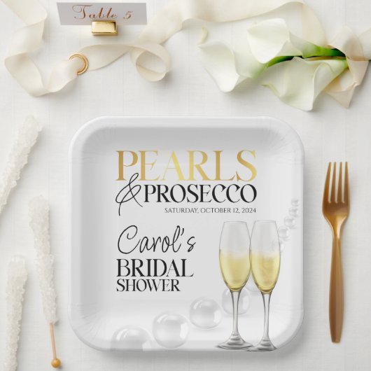 Elegante witgouden parels & Prosecco Vrijgezellenf Papieren Bordje (Huwelijk)