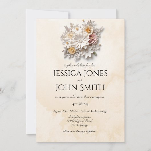 Elegante witte 3D florale minimale bruiloft uitnod Kaart (Voorkant)