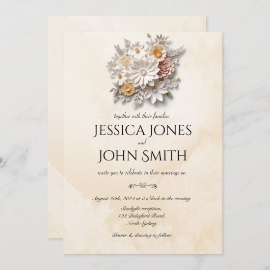 Elegante witte 3D florale minimale bruiloft uitnod Kaart (Voorkant / Achterkant)