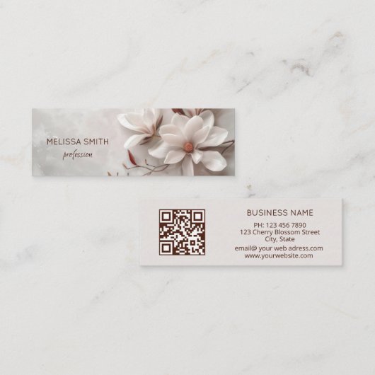 Elegante Witte 3D Magnolia Mini Visitekaartje (Voorkant / Achterkant)