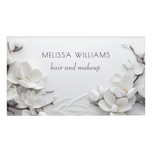 Elegante Witte 3D Magnolia Naambadge (Voorkant)