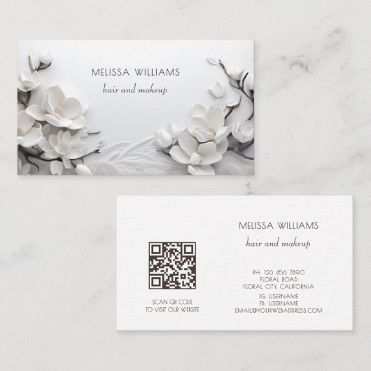Elegante Witte 3D Magnolia Visitekaartje (Voorkant / Achterkant)