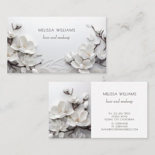 Elegante Witte 3D Magnolia Visitekaartje (Voorkant / Achterkant)
