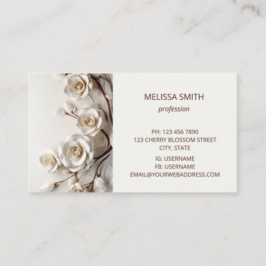 Elegante witte 3D Rozen Visitekaartje (Achterkant)