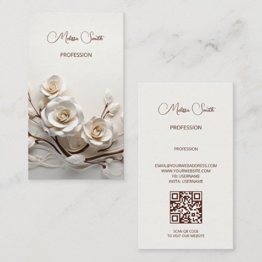 Elegante Witte 3D Rozen Visitekaartje (Voorkant / Achterkant)