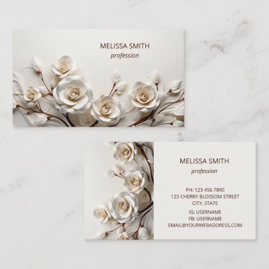 Elegante Witte 3D Rozen Visitekaartje (Voorkant / Achterkant)