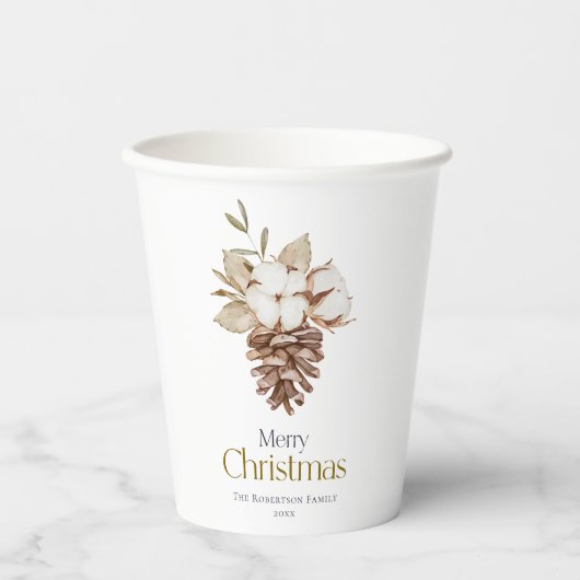 Elegante witte achtergrond Katoen & Pinecone Papieren Bekers (Voorkant)