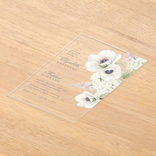 Elegante witte anemoon bloemenbruiloft acryl uitnodigingen (Laagn)