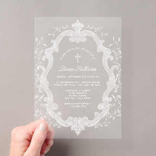 Elegante Witte Blad Crest Doopfeest Acryl Uitnodigingen