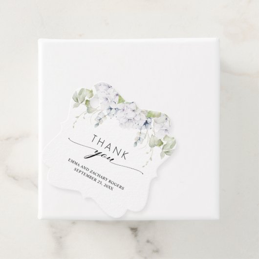 Elegante witte blauwe bloemige trouw huwelijks dan bedankjes labels (In situ)