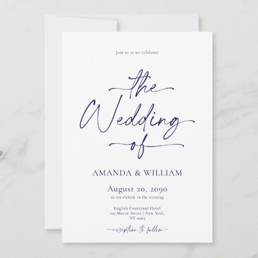 Elegante witte & blauwe bruiloft uitnodiging (Voorkant)