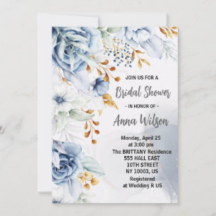 Elegante witte blauwe en gouden bloem bruidsdouche kaart