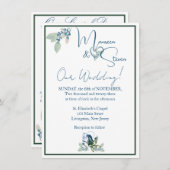 Elegante witte, blauwe en groene orchidee bruiloft kaart (Voorkant / Achterkant)