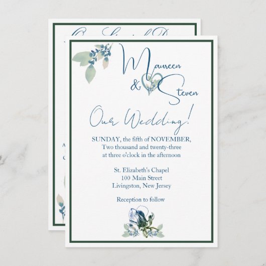 Elegante witte, blauwe en groene orchidee bruiloft kaart (Voorkant / Achterkant)