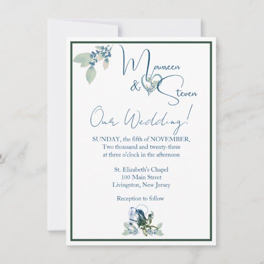 Elegante witte, blauwe en groene orchidee bruiloft kaart (Voorkant)