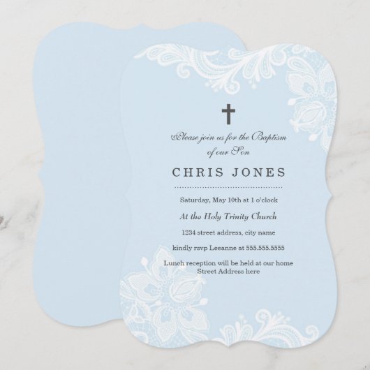 Elegante Witte Blauwe Kant doop uitnodiging (Voorkant / Achterkant)