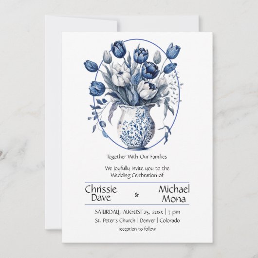 Elegante Witte & Blauwe Tulpen in Vaas Bruiloft Kaart (Voorkant)