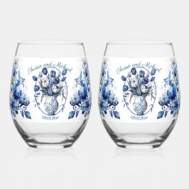 Elegante Witte & Blauwe Tulpen in Vaas Bruiloft Wijnglas Zonder Voet