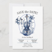 Elegante Witte & Blauwe Vioolbruiloft Save The Date (Voorkant)