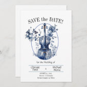 Elegante Witte & Blauwe Vioolbruiloft Save The Date (Voorkant / Achterkant)