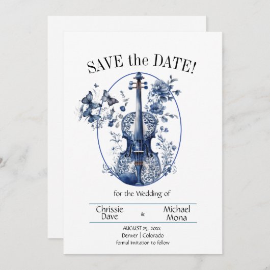 Elegante Witte & Blauwe Vioolbruiloft Save The Date (Voorkant / Achterkant)