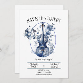 Elegante Witte & Blauwe Vioolbruiloft Save The Date