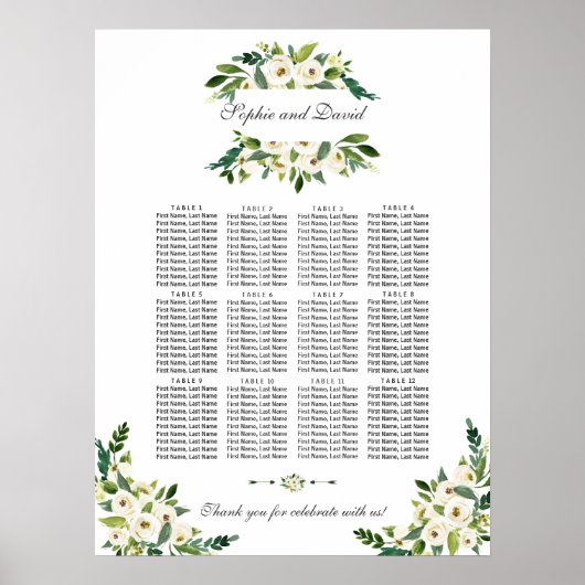 Elegante Witte Bloeiende Bloemen Stoelen Chart Poster (Voorkant)