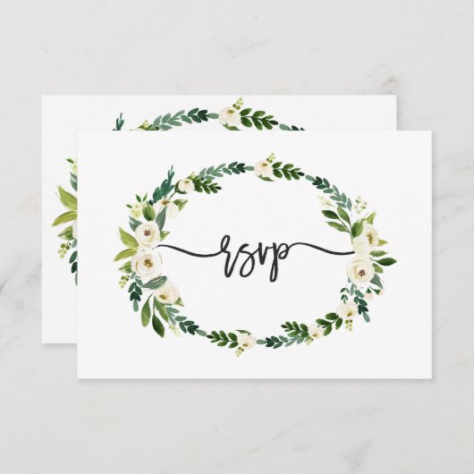 Elegante witte bloeiende bloemige handgeschreven R RSVP Kaartje (Voorkant / Achterkant)