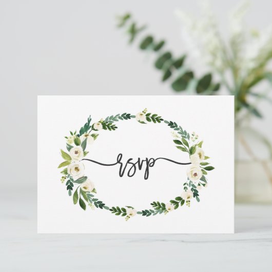 Elegante witte bloeiende bloemige handgeschreven R RSVP Kaartje (Staand voorkant)