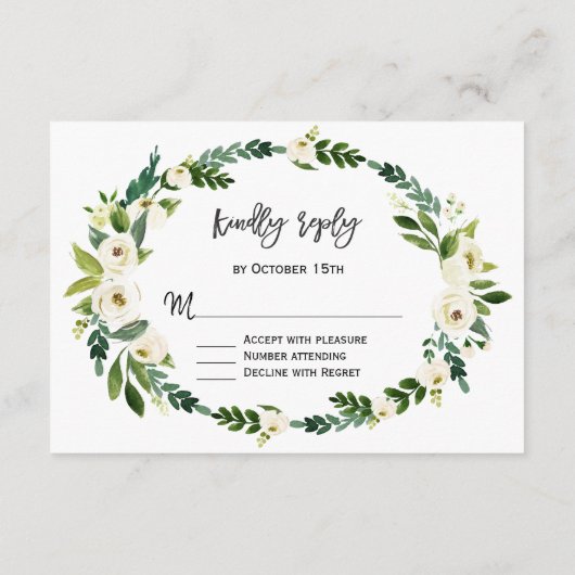 Elegante witte bloeiende bloemige handgeschreven R RSVP Kaartje (Achterkant)