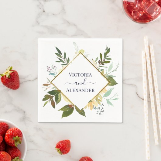 Elegante witte bloem blauwe goud folie kader trouw servet (Insitu)