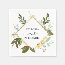 Elegante witte bloem blauwe goud folie kader trouw servet