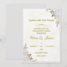 Elegante witte bloem- en goud folie bruiloftsinvit