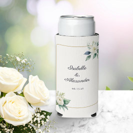 Elegante witte bloem- en gouden lijst trouw seltzer blikjeskoeler