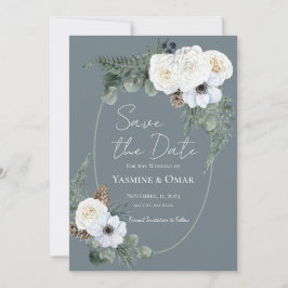 Elegante witte bloem en leigrijze Save the Date Kaart