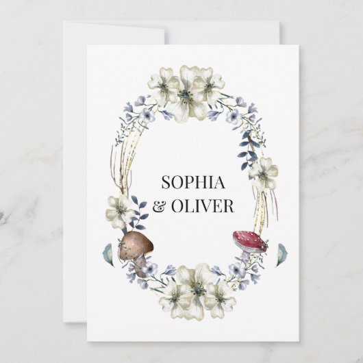 Elegante witte bloem en paddenstoel krans bruiloft kaart (Voorkant)