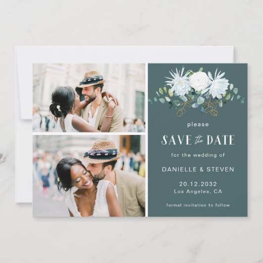 Elegante witte bloem eucalyptus 2 foto's bruiloft save the date (Voorkant)