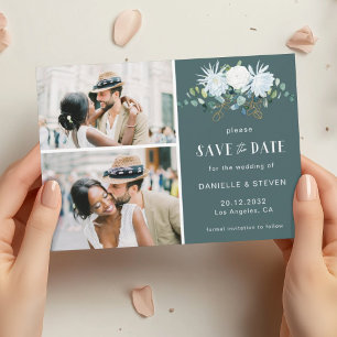 Elegante witte bloem eucalyptus 2 foto's bruiloft save the date