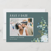 Elegante witte bloem eucalyptus foto bruiloft save the date (Voorkant)