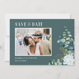 Elegante witte bloem eucalyptus foto bruiloft save the date