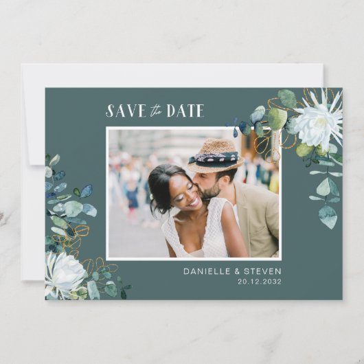 Elegante witte bloem eucalyptus trouwfoto save the date (Voorkant)